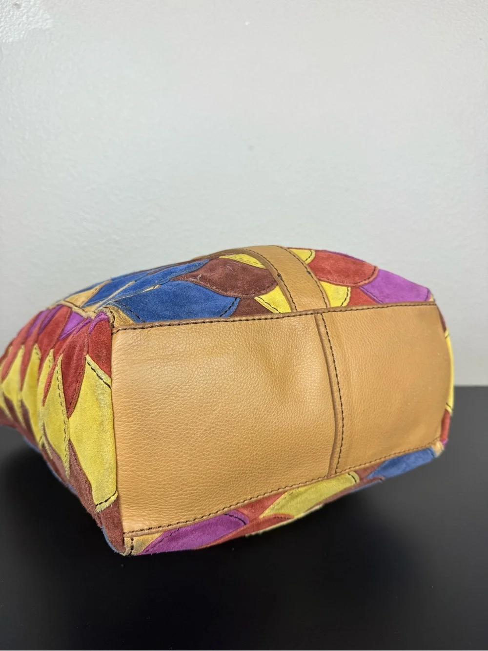 Lucky Brand patchwork colorful leather bag Y2K Boho quilted suede 70s style EUC